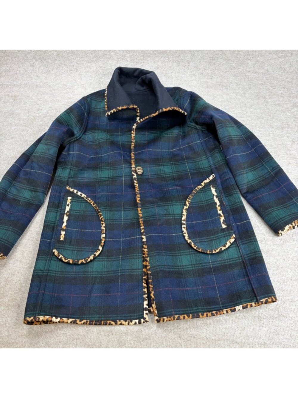 Soft Suroundings Womens Jacket Large Blue Reversible Wool Blend Blackwatch NEW